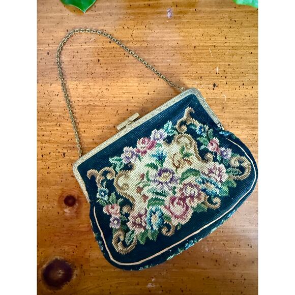 Source Unknown Handbags - Vintage Petit Point Floral Needlepoint Purse Navy Blue Gold Tone Chain Handbag